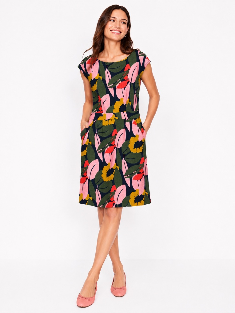 Boden Floral Botanical Cotton Fit & Flare Dress Pockets Navy Pink 4R